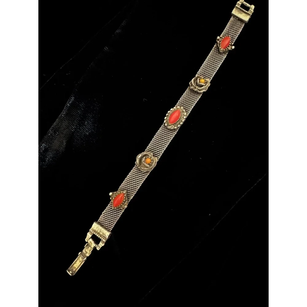 Vintage Silvertone Mesh Bracelet Red Marquis Floral Cabochon 7.25